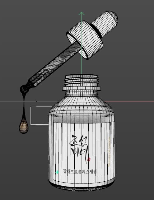Cinema 4D wireframe — bottle mesh with the label mapped on