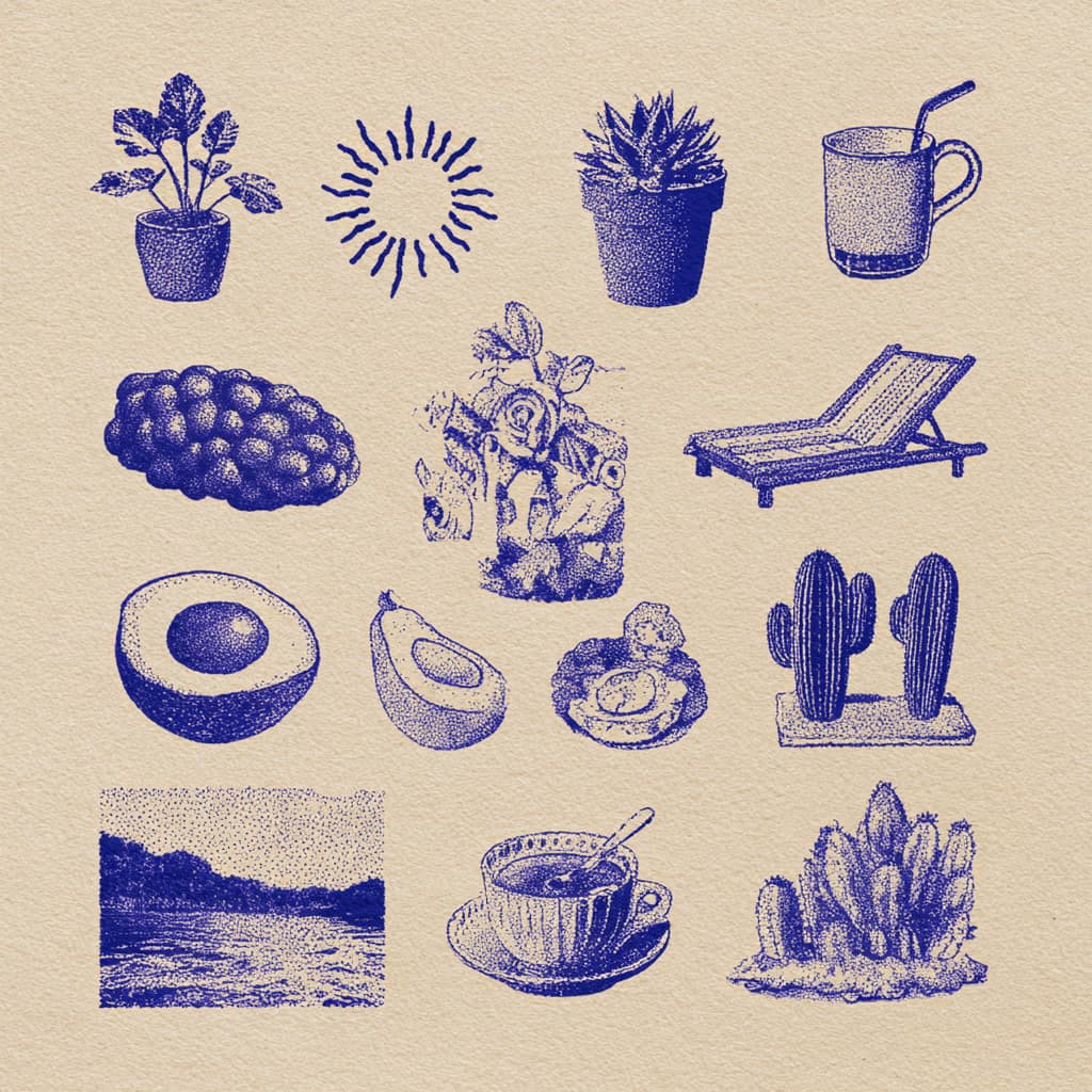 Blue Stipple Illustration Set