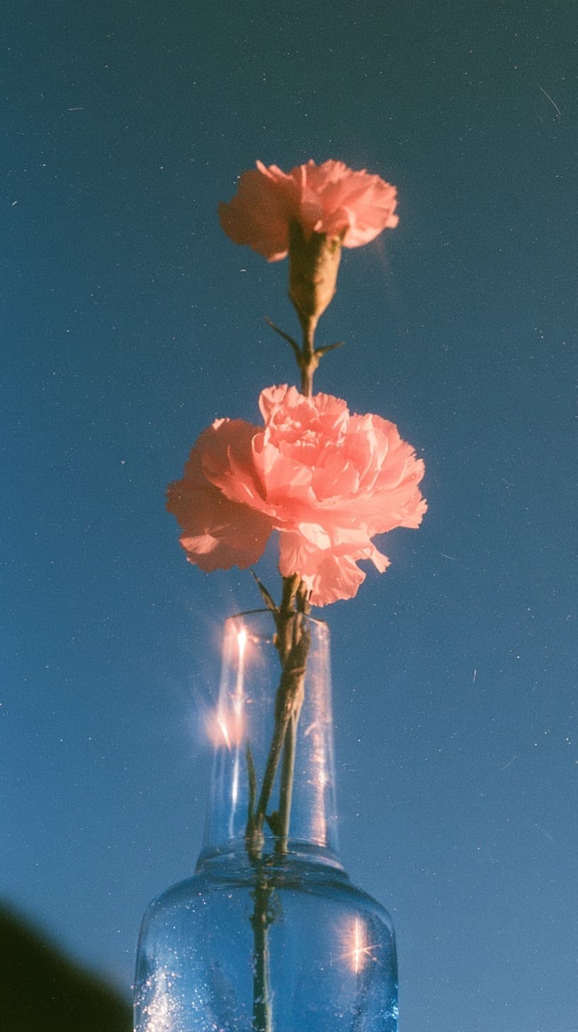 Two Carnations in Blue Glass
