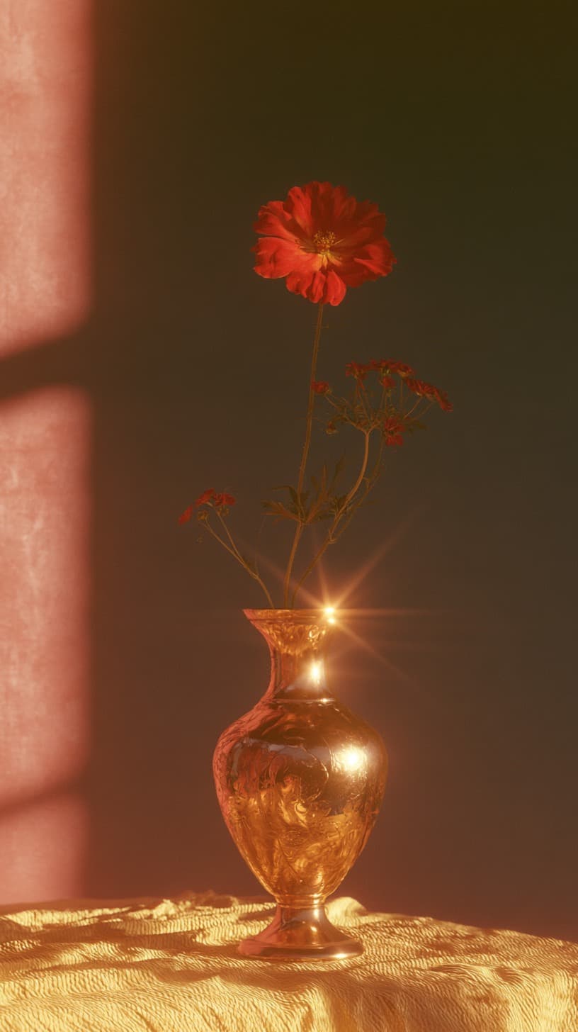 Red Bloom in a Brass Vase