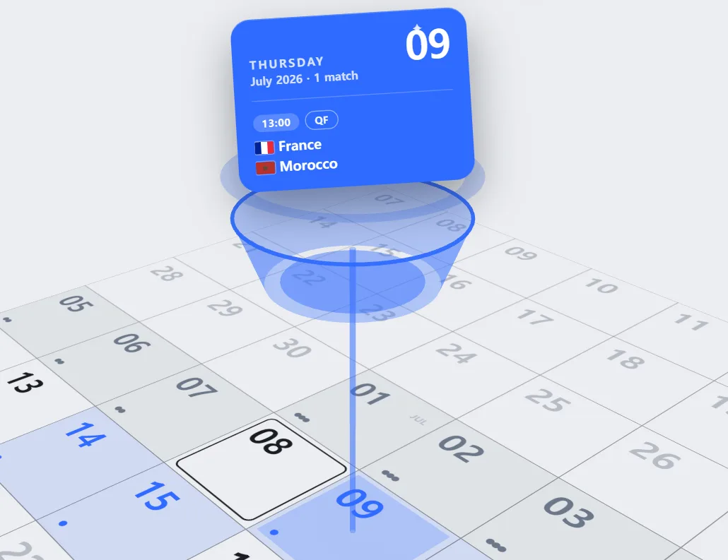 Tap a date — the match card lifts up