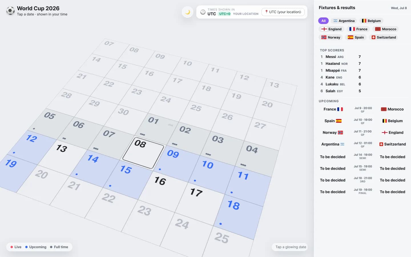 The full 3D World Cup calendar with the fixtures list on the right