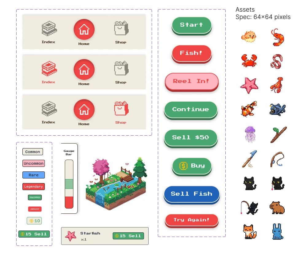 Pixilart asset creation process — fish, bait, rod sprites 2